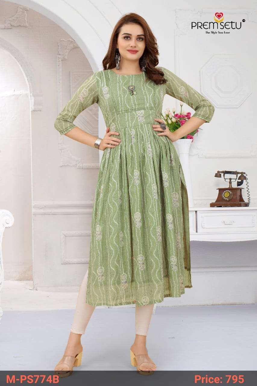 	Premsetu Khatli Work Dusty Naira Cut Kurtis Wholesale