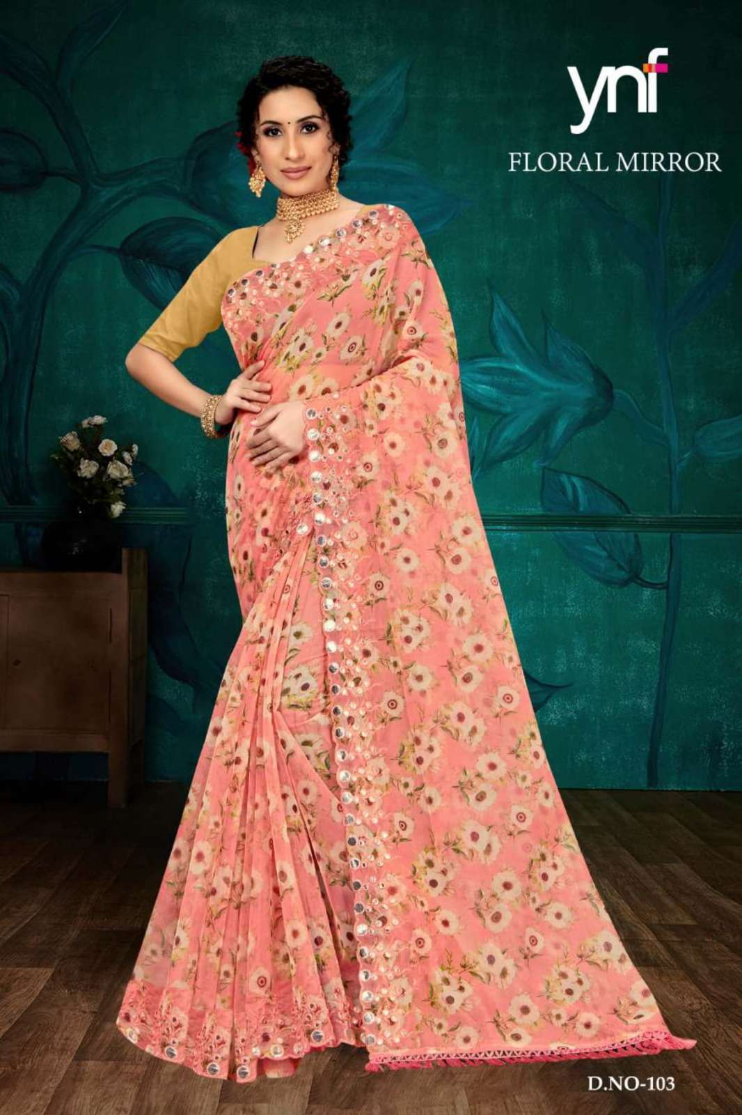 YNF FLORAL MIRROR DIGITAL PRINTED ORGANZA SAREE WHOLESALE COLLECTION