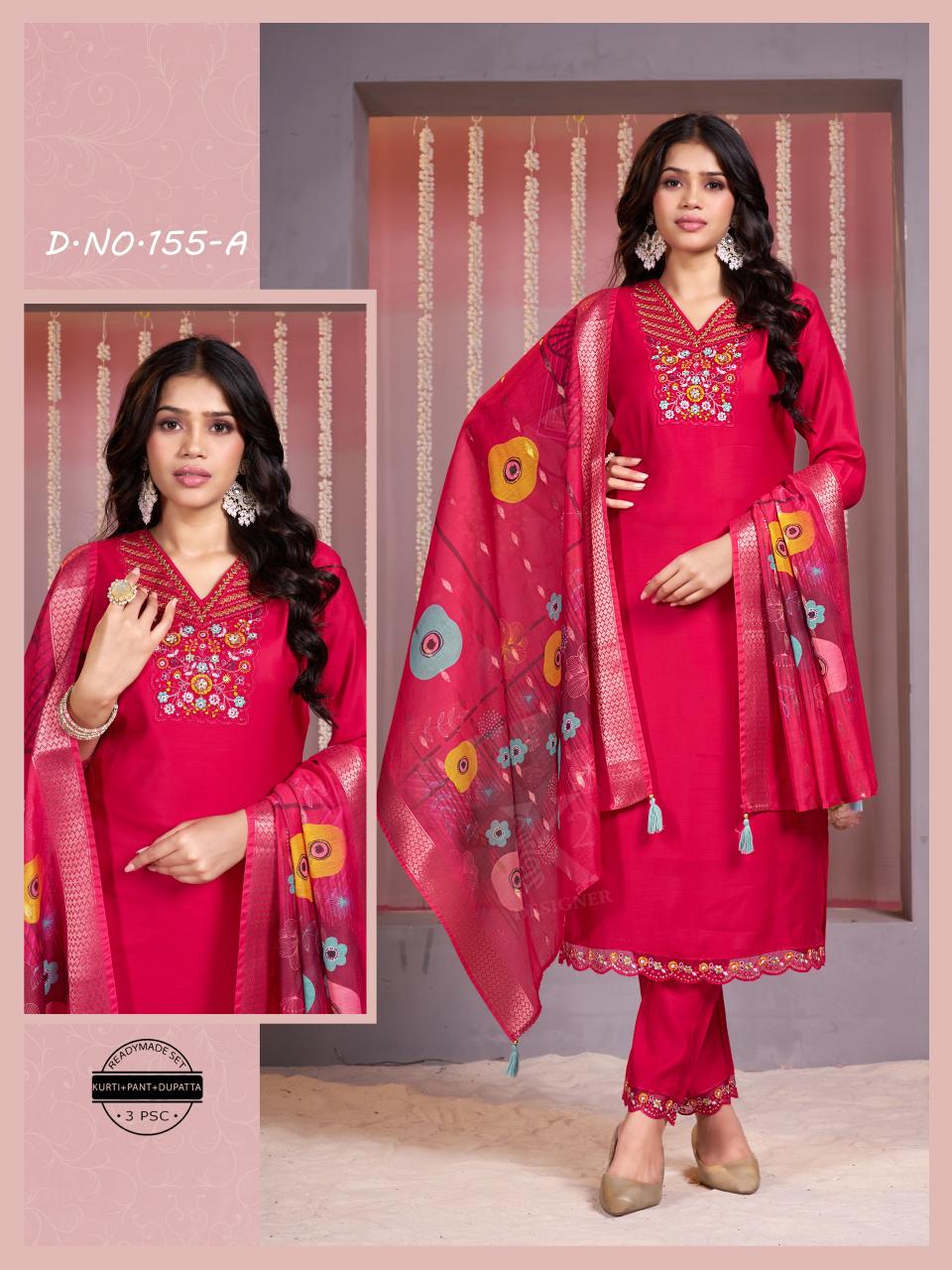 AKSHAR ROMAN SILK D-155 A KURTI PANT WITH DUPATTA SET WHOLESALE ONLINE