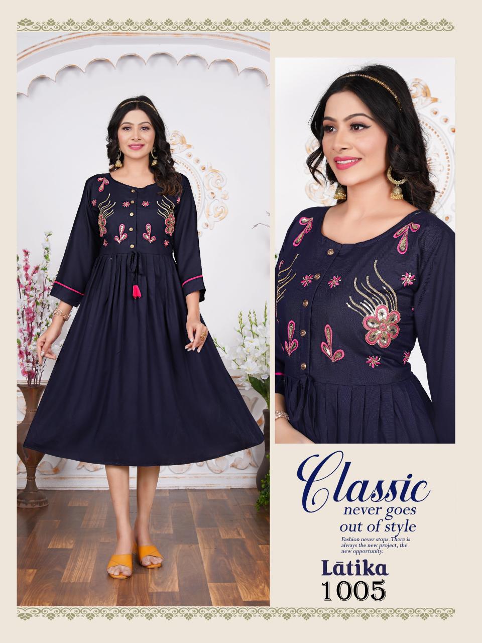 TRENDY LATIKA EMBROIDERY WORK RAYON WHOLESALE KURTI MANUFACTURERS