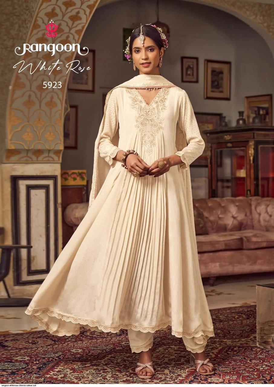 Rangoon white rose chinnon top bottom dupatta branded kurtis manufacturers in india