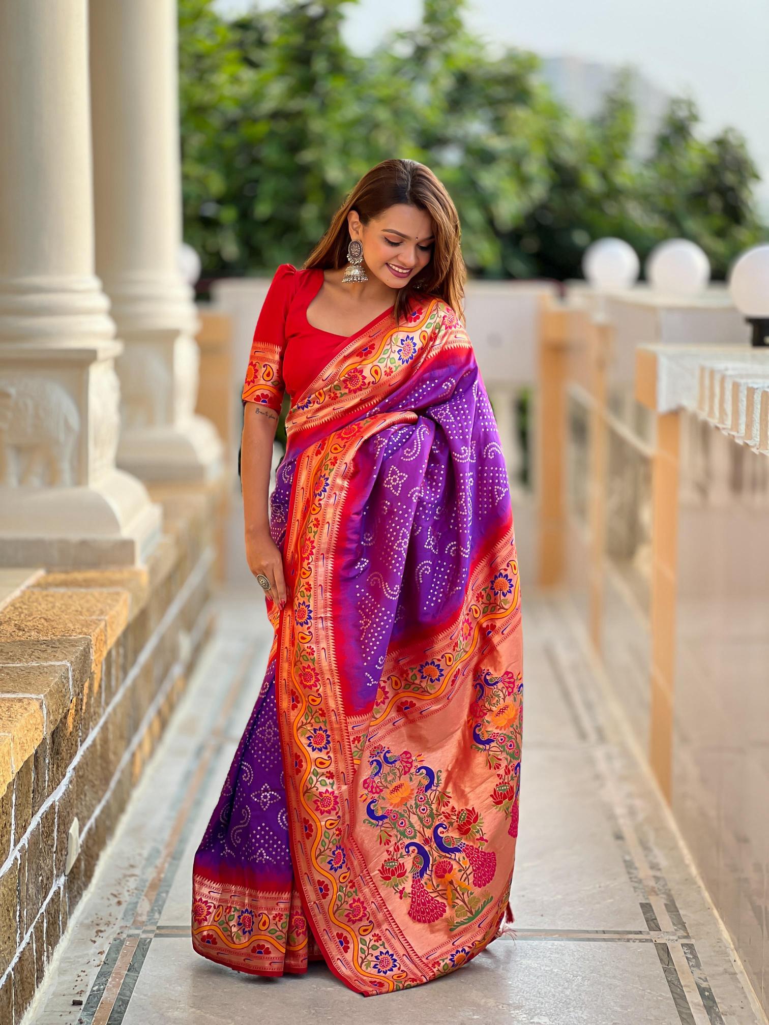  Soft bandhani paithani silk with meenakari weawing rich pallu saree wholesale market surat