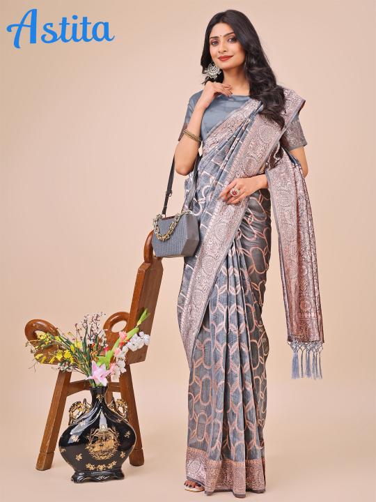 surtal by astita fancy designer linen Cotton fabric saree wholesale with latkan 