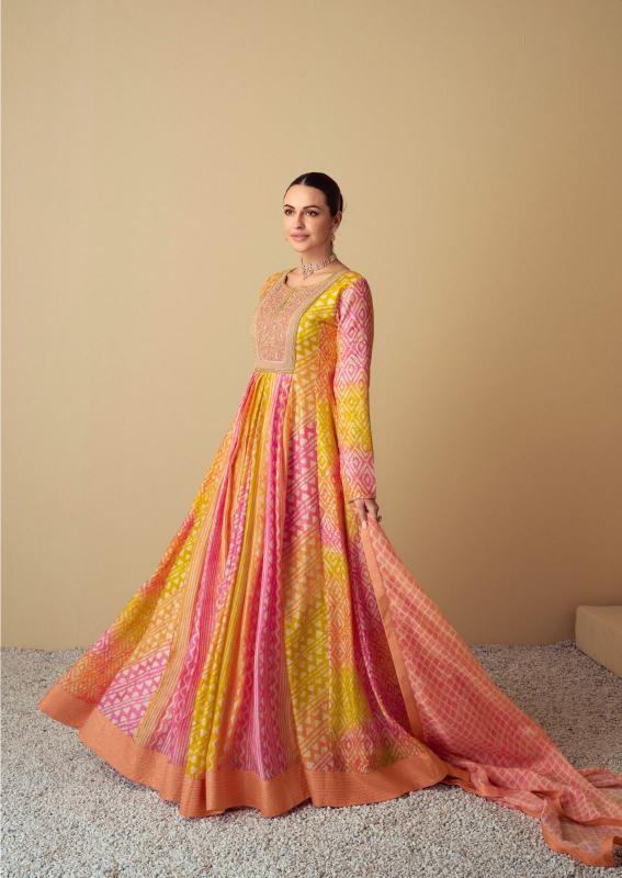 Gulkayra designer vaari muslin digital print dupatta with gown indian outfit