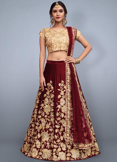 Maroon Velvet Zari Work Wedding Wear Customized Lehenga Choli Wholesalers in Kolkata