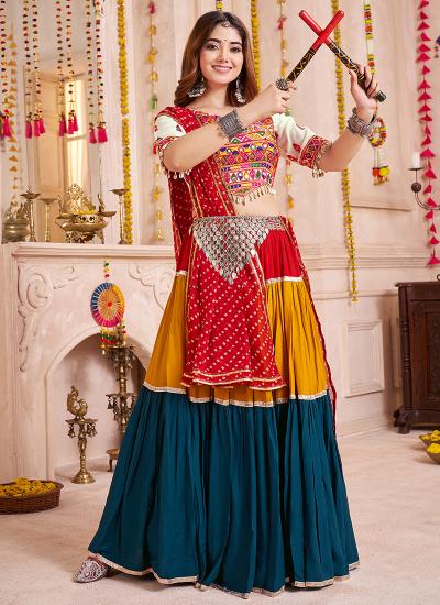 Multi Color Viscose Cotton Mirror Work Navratri Wear 058 Latest lehenga choli collection wholesale