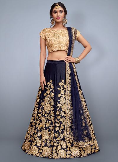 Navy Blue Velvet Zari Work Wedding Wear Latest Lehenga Choli Designs in Kolkata