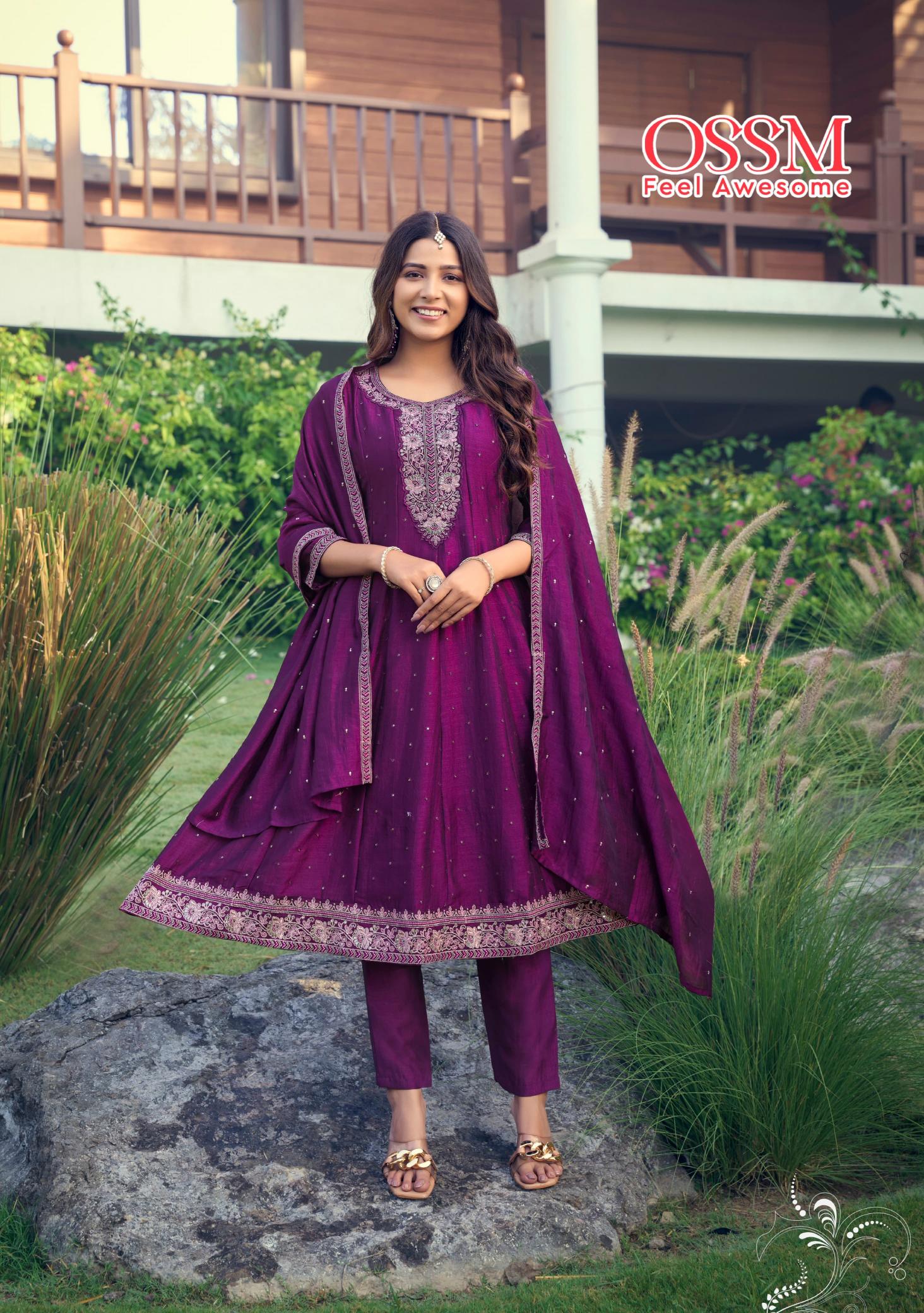 Ossm shayra vichitra silk anarkali style 3 pcs kurti clothes on wholesale 