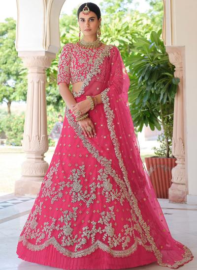 Rani Pink Net Zari Embroidery Work Wedding Wear Wholesale lehenga choli distributor in Hyderabad