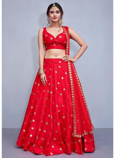 Red Taffeta Mirror Work Wedding Wear Bollywood-inspired Lehenga Choli in Kolkata