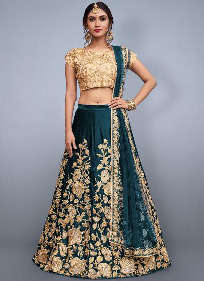 Teal Velvet Zari Work Wedding Wear Ethnic Lehenga Choli Wholesalers in Kolkata