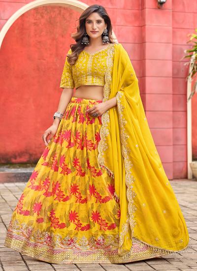 Yellow Net Zari Embroidery Work Party Wear Indian designer lehenga choli supplier 