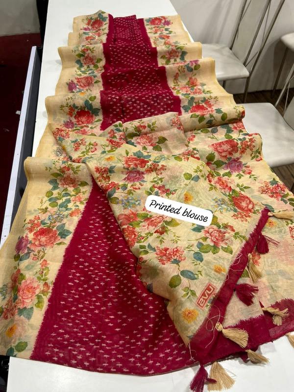 Linen digital print saree with floral printed blouse saree wholesale market surat