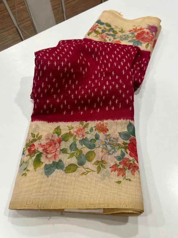 Linen digital print saree with floral printed blouse saree wholesale market surat