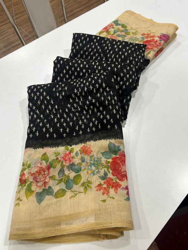 Linen digital print saree with floral printed blouse saree wholesale market surat