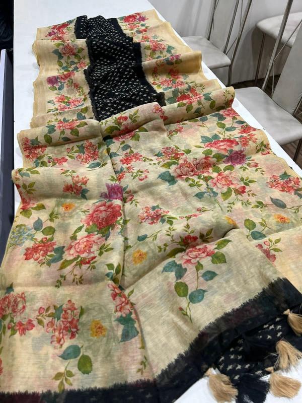 Linen digital print saree with floral printed blouse saree wholesale market surat