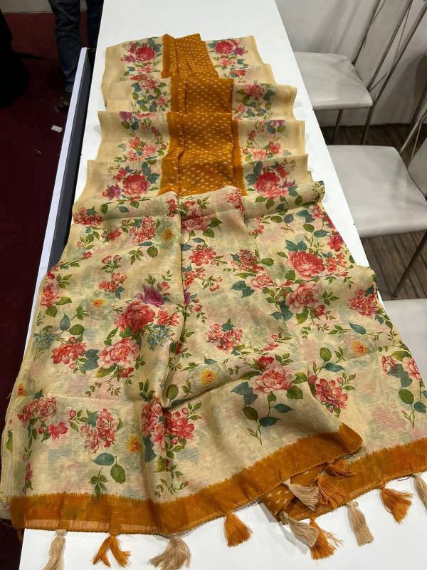 Linen digital print saree with floral printed blouse saree wholesale market surat