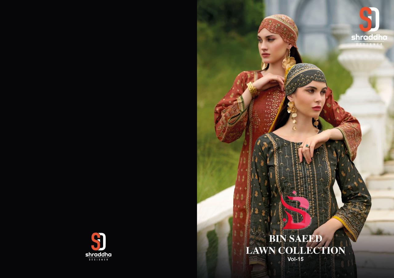 Sharadddha designer bin saeed vol 15 pure cotton Indian mode catalog best dress material brand in india
