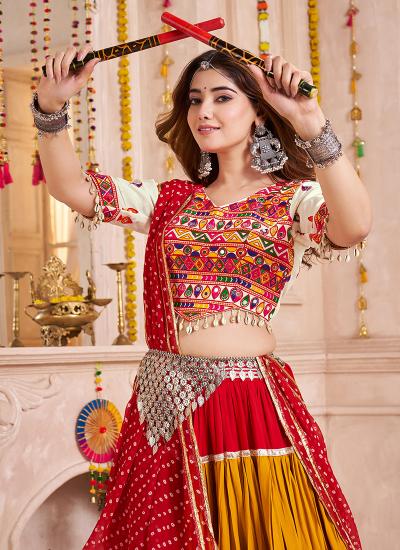 Multi Color Viscose Cotton Mirror Work Navratri Wear 058 Latest lehenga choli collection wholesale