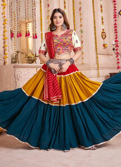 Multi Color Viscose Cotton Mirror Work Navratri Wear 058 Latest lehenga choli collection wholesale